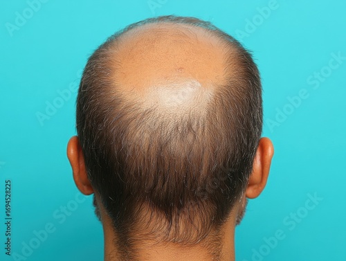 Bald man with shaved head poses against a bright blue background