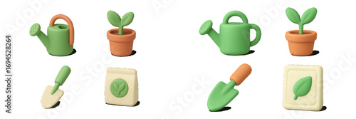 Gardening tools and plant care items, including watering cans, potted seedlings, and seed packets, for spring and growth