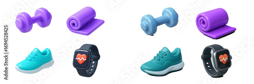 Collection of fitness and wellness equipment including dumbbells, yoga mats, running shoes, and smartwatches