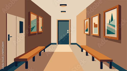 A hallway lined with framed neutralcolored art prints leading to a simple wooden bench p by the door.