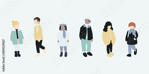 flat minimal children male and female vector illustration in winter clothing concept isolated set collection. For architecture rendering, graphic design, info graphic, media