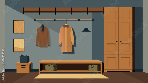 A mudroom with builtin storage cubbies a reclaimed wood bench and a black metal coat rack.