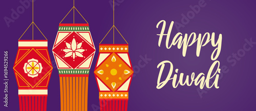 Festive Diwali banner with glowing lanterns, warm lights, and copy space for greetings or promotions, set against a vibrant celebratory background.