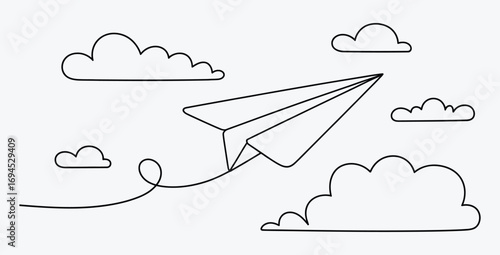 Paper airplane soars through clouds whimsical journey black and white design