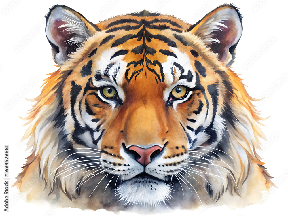 Obraz premium Watercolor painting of a majestic tiger head isolated on white background, detailed portrait of wild cat