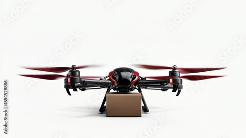 A red and black drone with a box lifts off against a white background