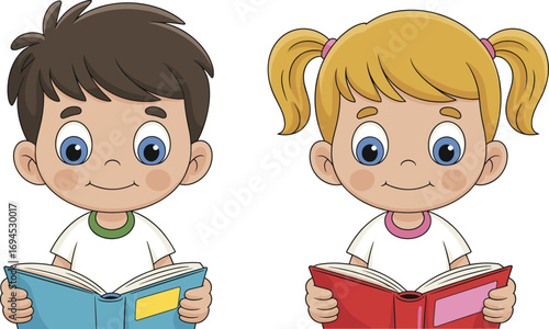 Children reading, cartoon kids, educational illustration, boy and girl, book lovers, learning moment, vector art, school theme, happy students, study time