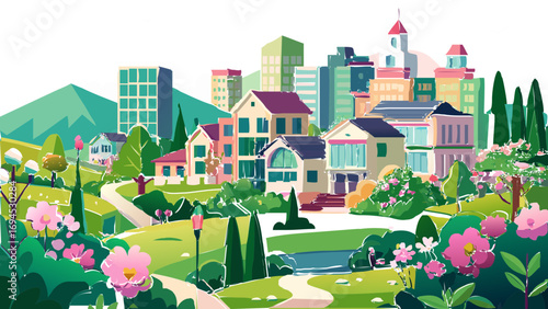 vector graphics, design, panoramic view, town, city, banner, postcard, trees, houses, real estate, map, invitation, advertising, sketch, project, rent, presentation