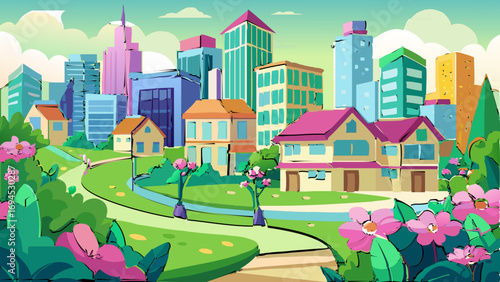 vector graphics, design, panoramic view, town, city, banner, postcard, trees, houses, real estate, map, invitation, advertising, sketch, project, rent, presentation