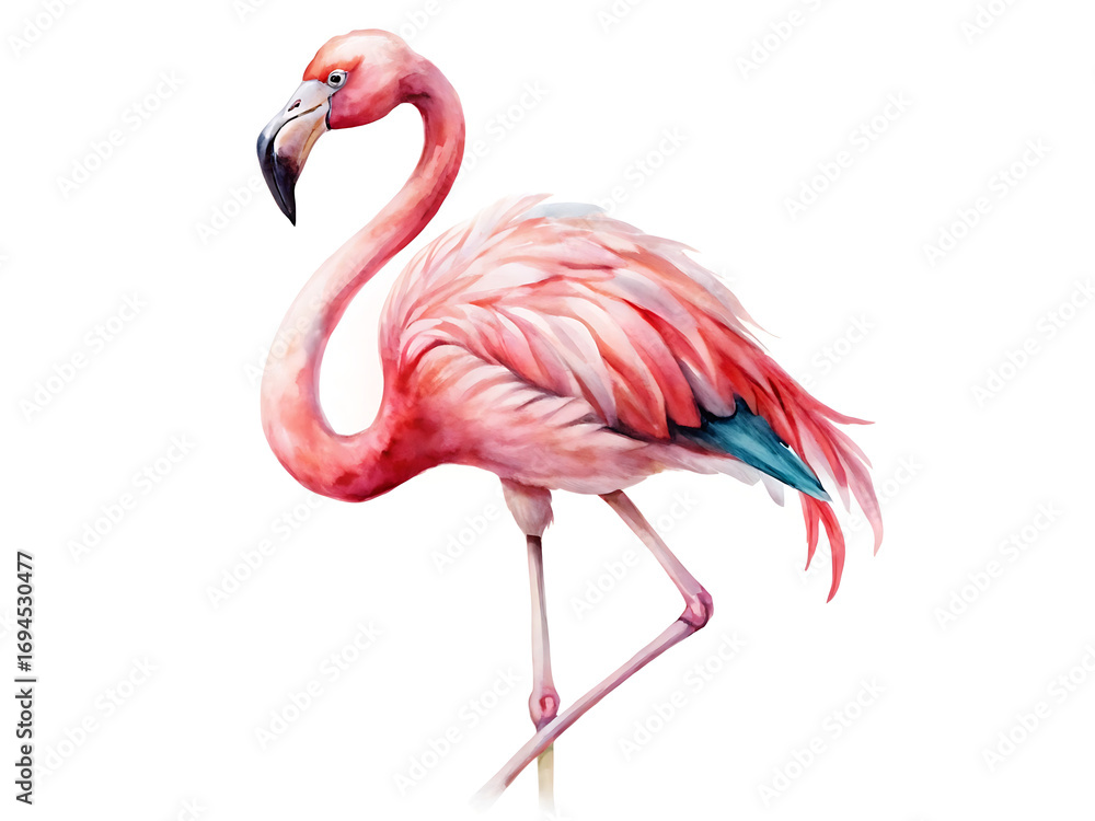 Obraz premium Watercolor illustration of a flamingo isolated on white background, showcasing its elegant and graceful posture