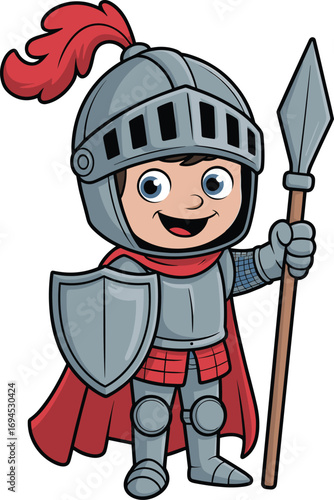 Cute cartoon knight, vector illustration, smiling young boy in armor, holding shield and spear, red cape, medieval costume, heroic character