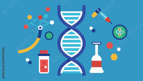 DNA Helix An artistic representation of a DNA strand with icons around it such as a microscope and test tubes symbolizing genetic testing in the longevity program.
