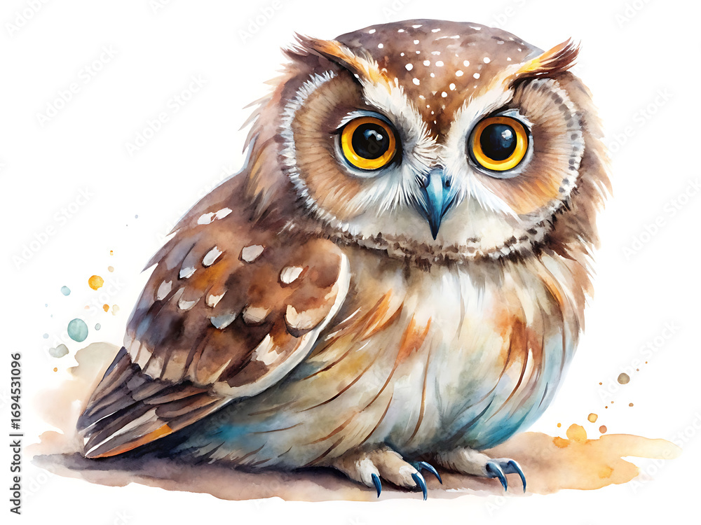 Naklejka premium Watercolor painting of a cute owl sitting, isolated on white background the owls big eyes are endearing and charming