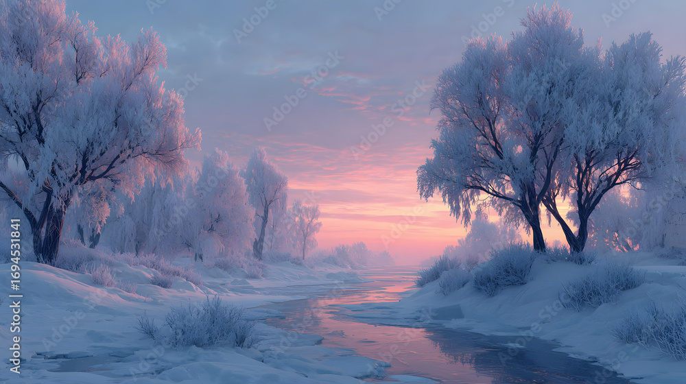 Naklejka premium Winter snowy park. Trees in the snow, a frozen river snowdrifts and ice. Fantay winter landscape. Frostysunset. 3D illustration.