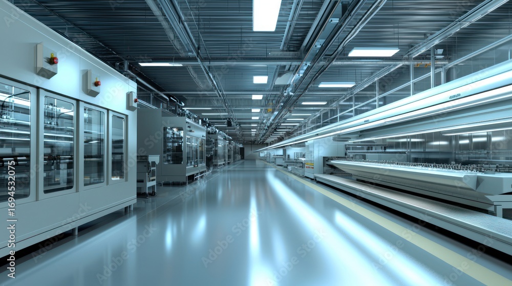 Fototapeta premium A clean, modern industrial factory floor with metal beams, white walls, and a bright, reflective floor.