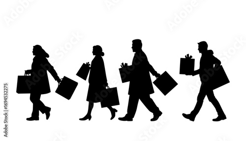 Group of people walking with shopping bags during holiday season, concept of New Year, Christmas  
