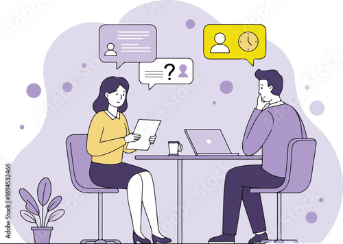 Vector art of business meeting between colleagues discussing work issues and problem solving together
