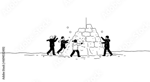 People playing and building a snowman in winter for New Year, Christmas  