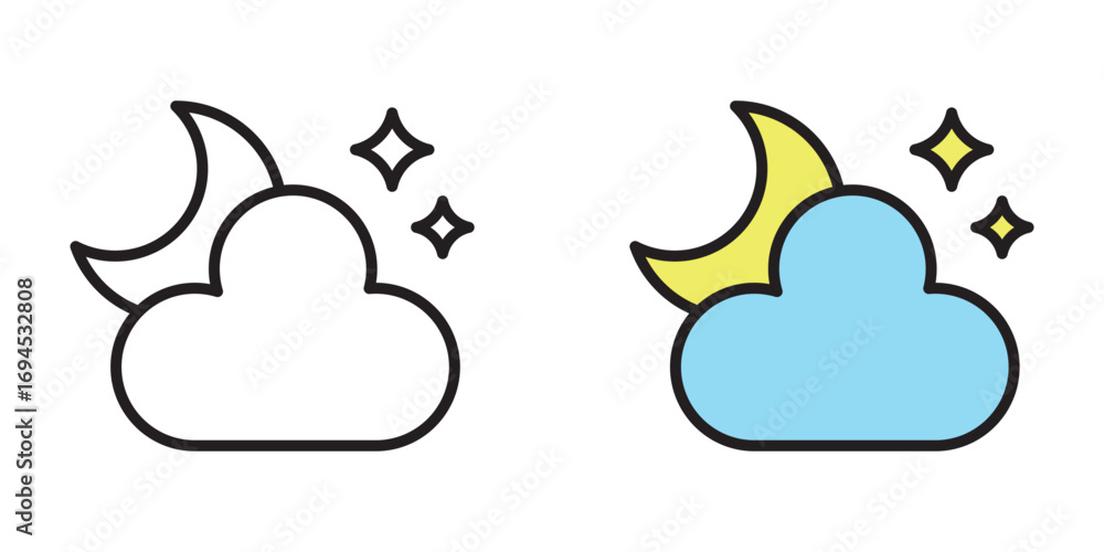 Obraz premium Cloudy night line and colored icons set isolated on transparent background. Moon and Cloud with shining Stars icons. Simple shapes of moon and stars with cloud. Editable Stroke.