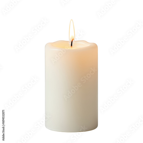 White pillar candle burning brightly isolated on transparent background