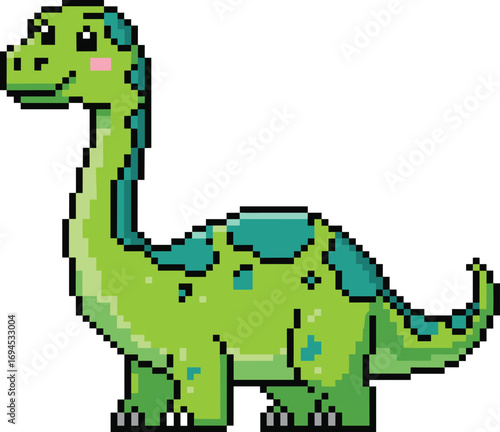 Pixel art dinosaur, green cartoon sauropod, retro video game style, long neck animal, vector illustration, cute prehistoric creature, kids design