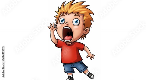 Cartoon illustration of a startled child with open mouth and raised hand