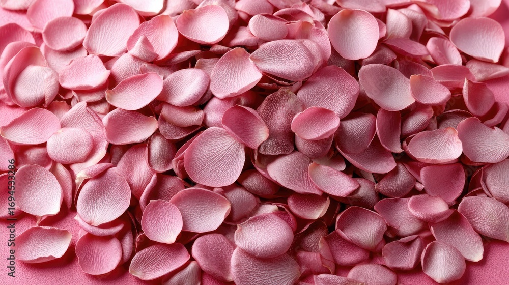 Fototapeta premium Petals scattered on a soft pink surface create a romantic and delicate atmosphere for any celebration or special occasion