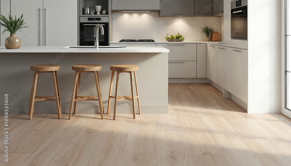 Fototapeta premium Modern kitchen durable, stylish vinyl plank flooring with white cabinetry, sleek countertops. Contemporary interior design features natural wood stools around central island. Clean lines, ample