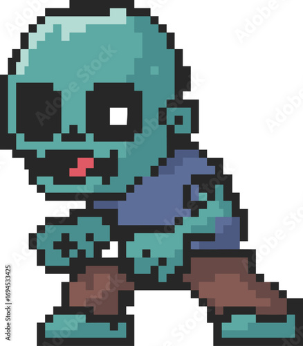 Pixel art zombie, retro video game character, vector undead, crouching pose, green skin, aggressive stance, cartoon monster, 8-bit style, horror sprite, digital enemy