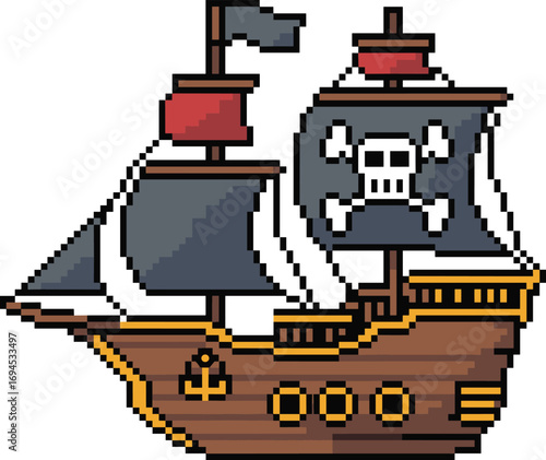 Pixel art, pirate ship, 8-bit graphic, retro style, pixelated illustration, sailing vessel, skull and crossbones, pirate flag, pixel vector, digital design