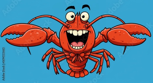 Cartoon lobster with wide smile and open mouth on blue background