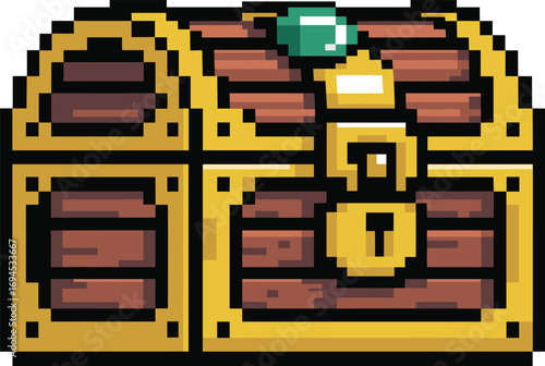 Pixel art, treasure chest, retro game, golden box, digital asset, vintage style, locked chest, fantasy loot, pixel design, gaming icon