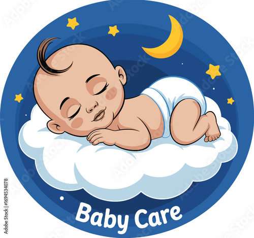 Sleeping baby on cloud, cartoon infant, night sky background, crescent moon, stars, peaceful pose, baby care, vector illustration, bedtime theme