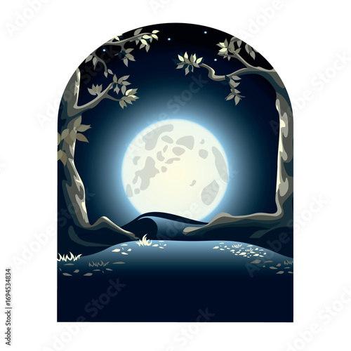 Magic forest at night with tall trees, fireflies, forest glade and the moon. Happy Halloween. Fabulous night landscape for poster, flyer, invitation or card