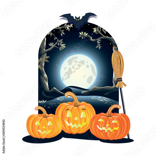 Halloween background with three cheerful pumpkins, huge moon and tall trees. Vector illustration to decorate a flyer, poster, invitation or social media ad for Halloween.