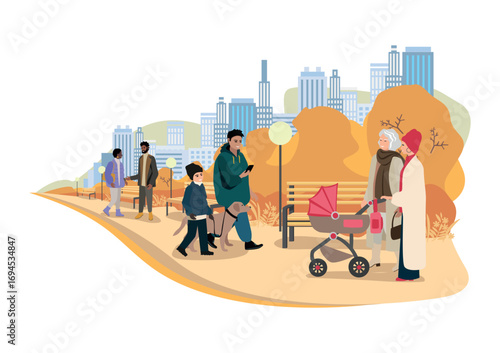 People of different ages and nationalities walk in the autumn park. Families with children, elderly and young couples, friends spend time together. Vector horizontal illustration.