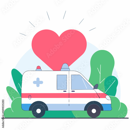 Ambulance vehicle with heart symbol surrounded by green plants  
