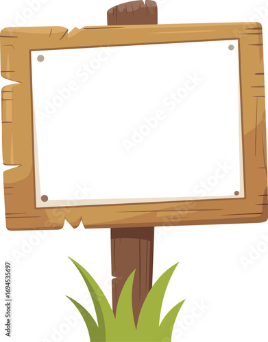 Wooden signpost vector, blank white board illustration, rustic signage design, cartoon outdoor sign, grass base art, stock image