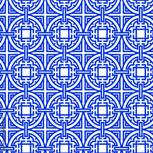 Seamless traditional geometric blue pattern with circular maze ornament and square decorative lattice design background.