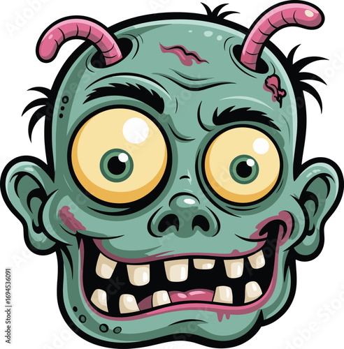 Zombie cartoon, scary head, green skin, bulging eyes, horror character, vector illustration, creepy monster, worm brain, spooky design, undead face
