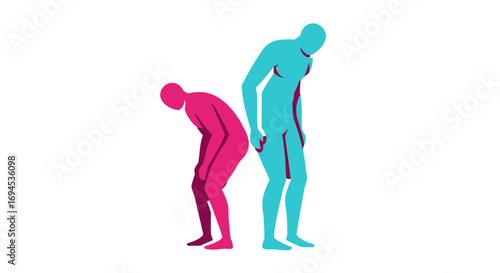 Two abstract figures in pink and blue, one bent over, the other standing, conveying a sense of effort, struggle, or contemplation in their dynamic pose