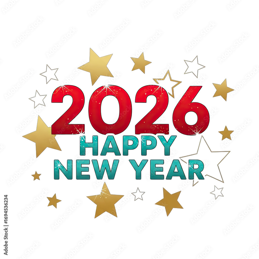 Fototapeta premium Happy New Year 2026, Festive Gold Stars, Red Bold Numbers on Transparent Backdrop