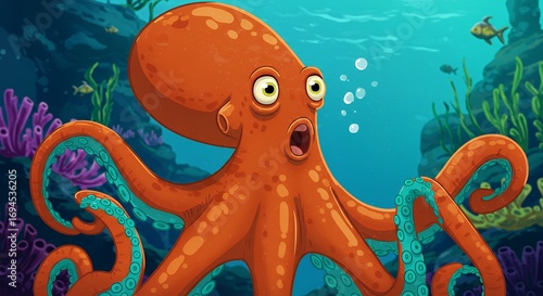 Orange octopus underwater scene cartoon illustration