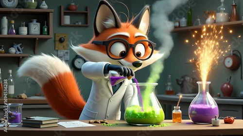 Clever fox wearing glasses and lab coat conducts colorful chemistry experiment with bubbling beaker sparks in lively laboratory