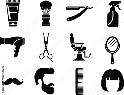 Collection of barber tools and accessories isolated on white background