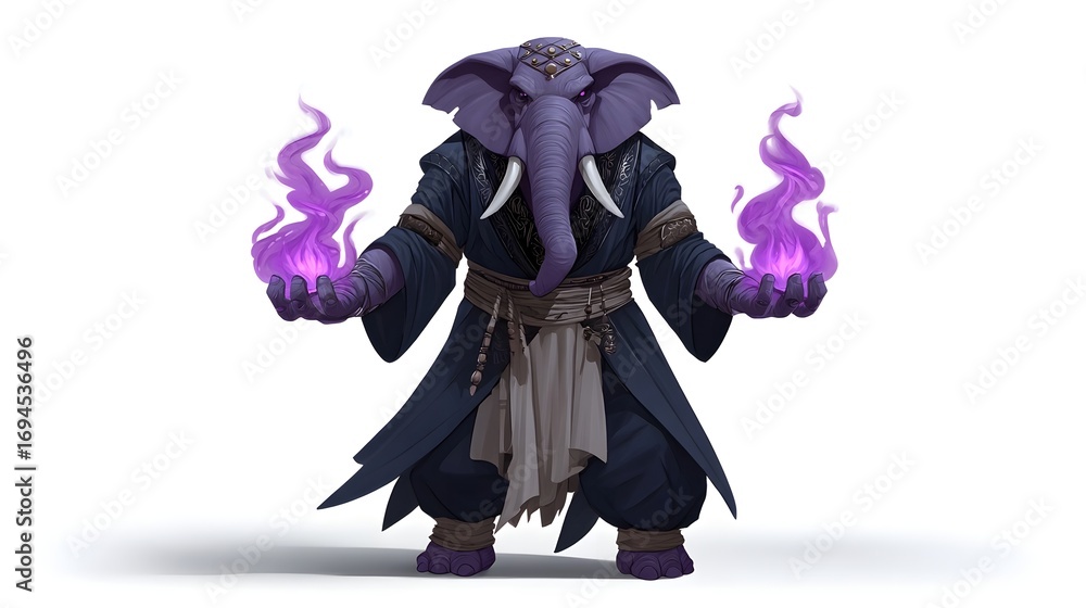Obraz premium Imposing fantasy character wielding ominous purple mystical energy, dressed in dark robes and armor with horns and a skull-like mask