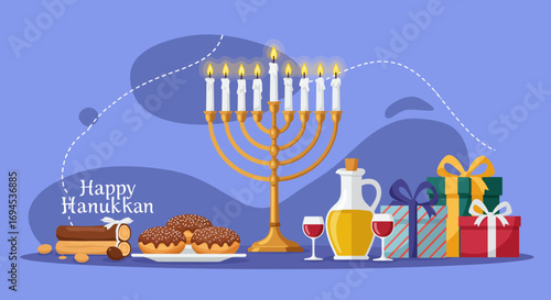 Celebrate the Festival of Lights with a Beautiful Hanukkah Illustration Featuring a Menorah, Delicious Food, Gifts, and Festive Decorations, Perfect for Holiday Greetings