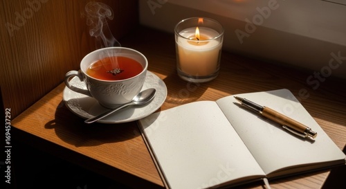 Cozy still life of tea, candle, journal and pen by a sunlit window