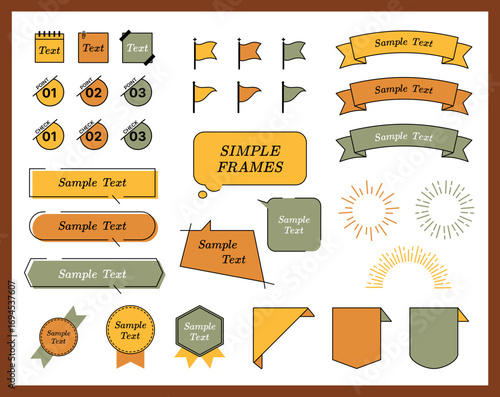 Simple text frame boxes set. Titles banners. Autumn color label vector set. Collection of ribbon, sunburst, flag, description boxes and speech bubbles.