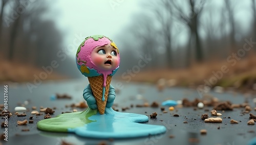 Earth melting like an ice cream cone in a child’s hand, bright colors with undertone of sadness, symbolizing ecological fear